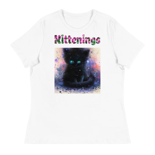 Womens WhiteT-Shirt with Black Kitten Abstract Art with a text "Kittenings" at $25.97 found at Personalizedpetlovergifts