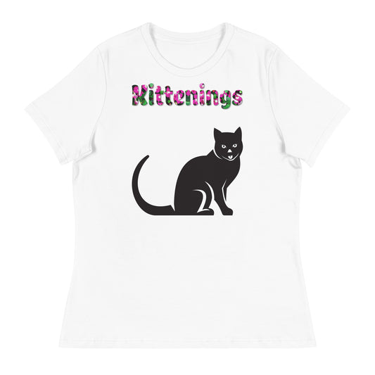 Womens WhiteT-Shirt with Black Cat Sitting with a text "Kittenings" at $25.97 found at Personalizedpetlovergifts