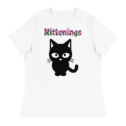 Womens WhiteT-Shirt with Black Cat Silhouette with a text "Kittenings" at $25.97 found at Personalizedpetlovergifts