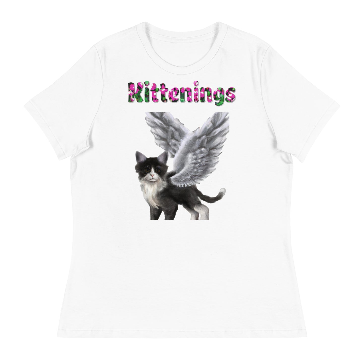 Womens WhiteT-Shirt with Black And White Cat With Angel Wings with a text "Kittenings" at $25.97 found at Personalizedpetlovergifts