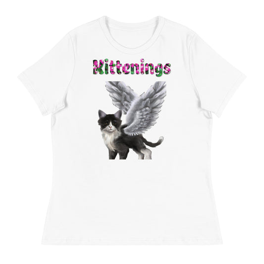 Womens WhiteT-Shirt with Black And White Cat With Angel Wings with a text "Kittenings" at $25.97 found at Personalizedpetlovergifts