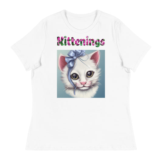 Womens WhiteT-Shirt with Beautiful Kitten With Blue bow with a text "Kittenings" at $25.97 found at Personalizedpetlovergifts