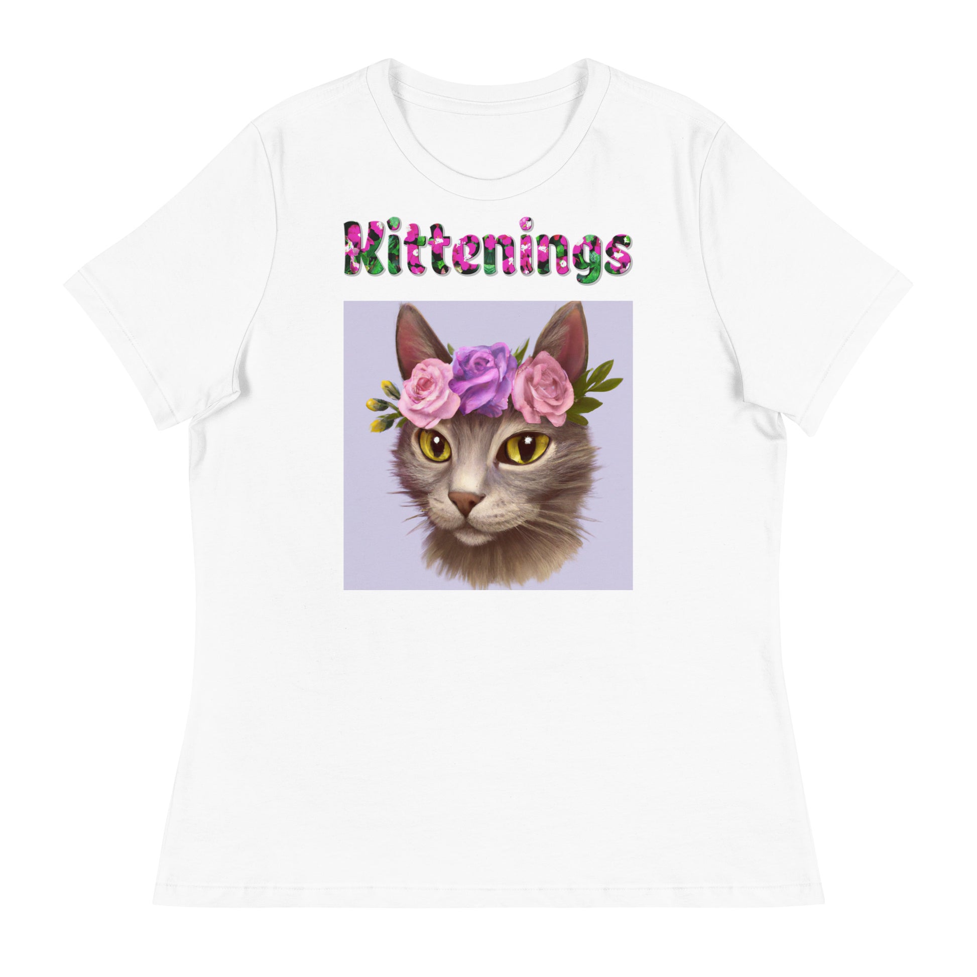 Womens WhiteT-Shirt with Beautiful Cat Portrait With Floral Headpiece And Roses with a text "Kittenings" at $25.97 found at Personalizedpetlovergifts