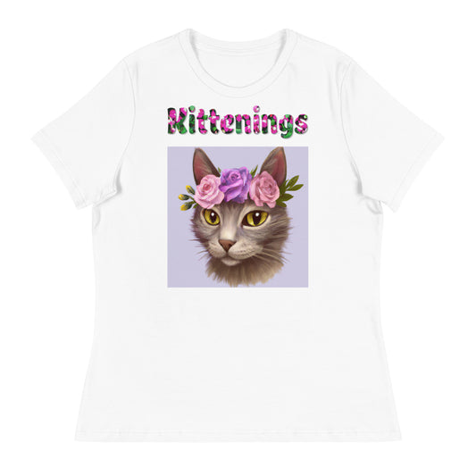 Womens WhiteT-Shirt with Beautiful Cat Portrait With Floral Headpiece And Roses with a text "Kittenings" at $25.97 found at Personalizedpetlovergifts