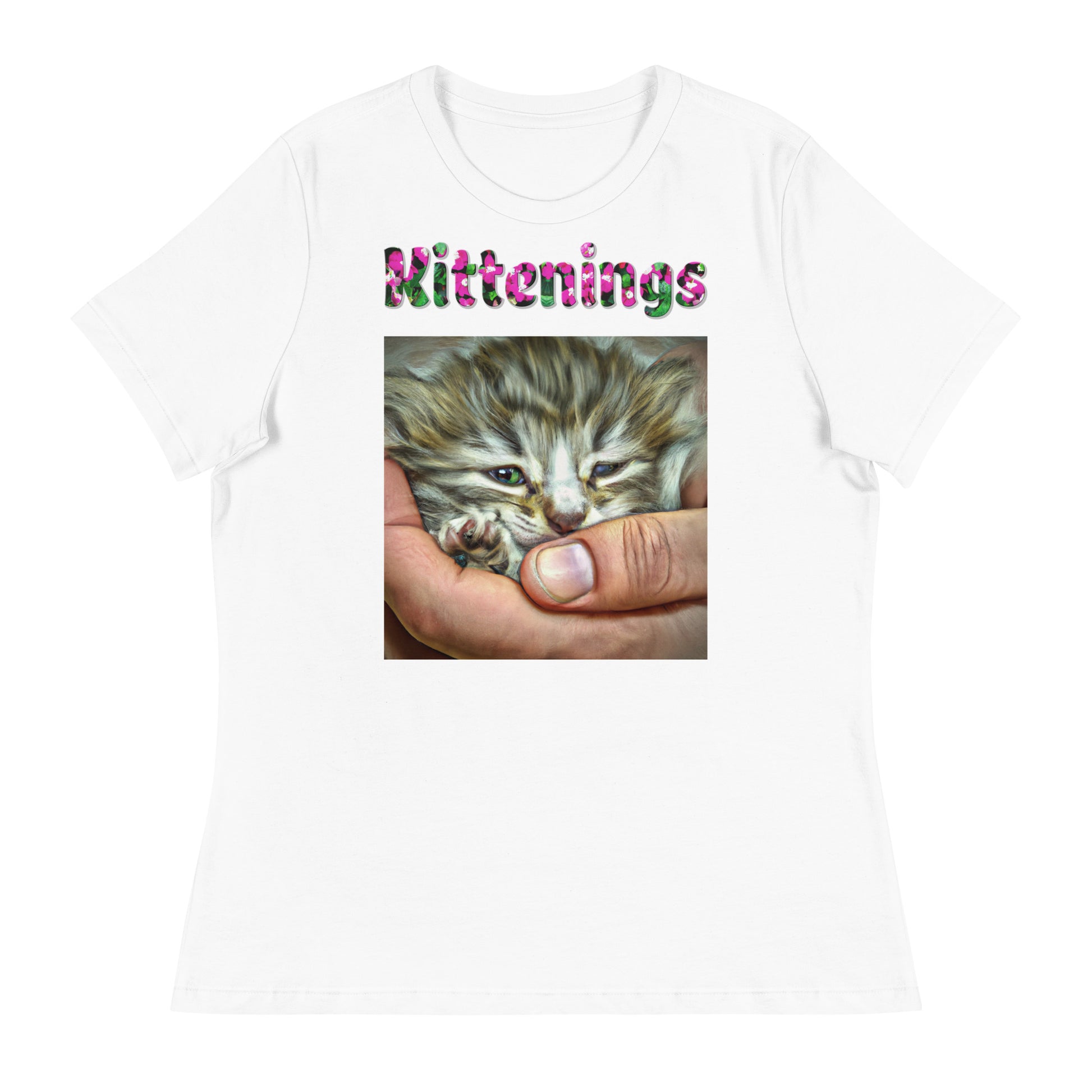 Womens WhiteT-Shirt with Baby Kitten In Hand with a text "Kittenings" at $25.97 found at Personalizedpetlovergifts