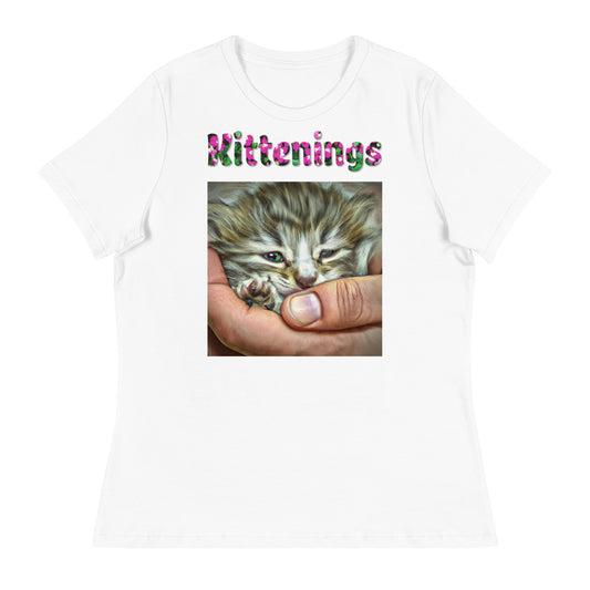 Womens WhiteT-Shirt with Baby Kitten In Hand with a text "Kittenings" at $25.97 found at Personalizedpetlovergifts