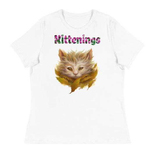 Womens WhiteT-Shirt with Autumn Cat with a text "Kittenings" at $25.97 found at Personalizedpetlovergifts