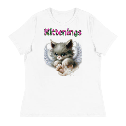 Womens WhiteT-Shirt with Angel Kitten with a text "Kittenings" at $25.97 found at Personalizedpetlovergifts