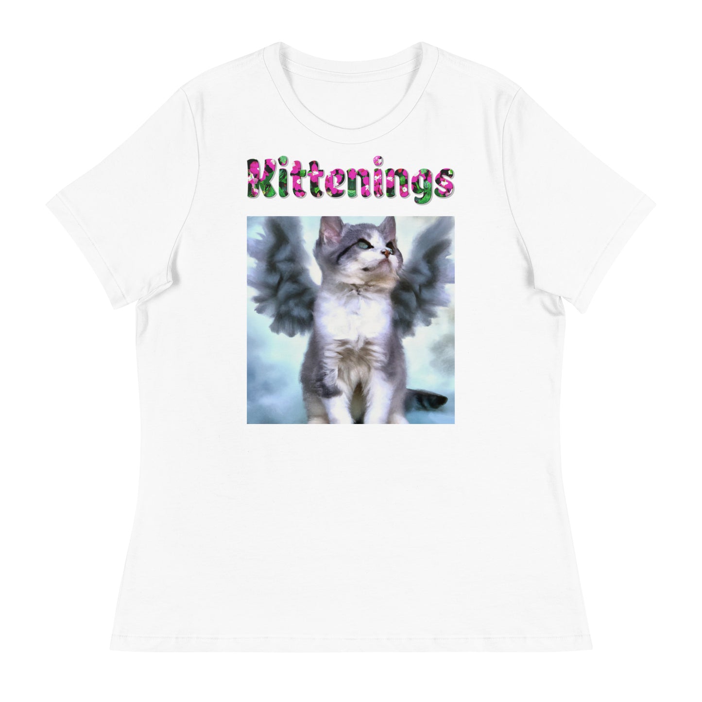 Womens WhiteT-Shirt with Angel Kitten With Fluffy Wings with a text "Kittenings" at $25.97 found at Personalizedpetlovergifts