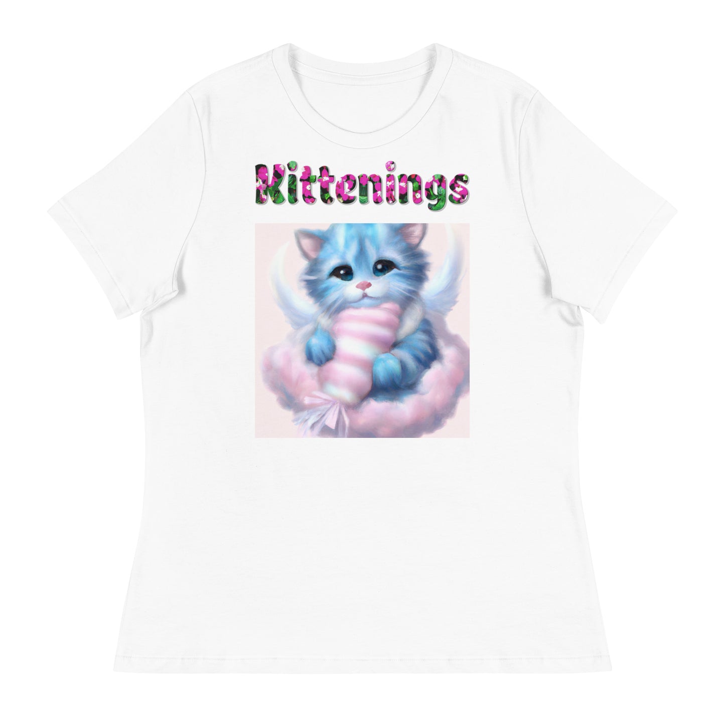 Womens WhiteT-Shirt with Angel Kitten On a Fluffy Cloud with a text "Kittenings" at $25.97 found at Personalizedpetlovergifts