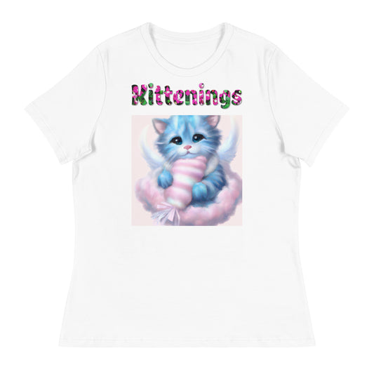 Womens WhiteT-Shirt with Angel Kitten On a Fluffy Cloud with a text "Kittenings" at $25.97 found at Personalizedpetlovergifts