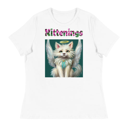 Womens WhiteT-Shirt with Angel Cat with a text "Kittenings" at $25.97 found at Personalizedpetlovergifts