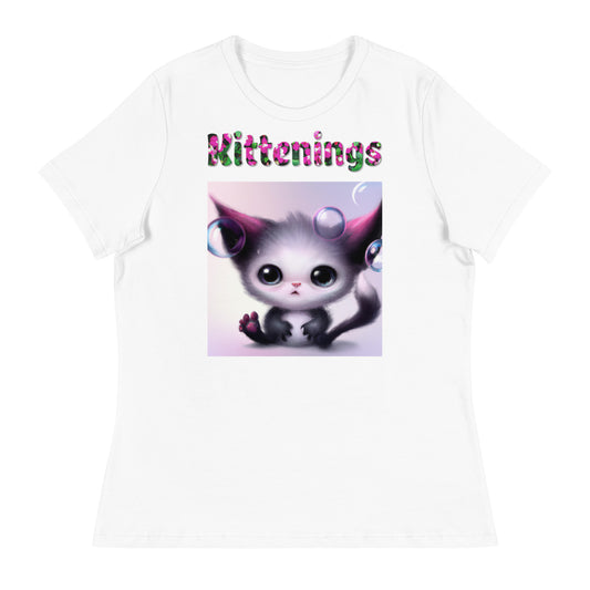 Womens WhiteT-Shirt with Alien Kitten With Bubbles with a text "Kittenings" at $25.97 found at Personalizedpetlovergifts