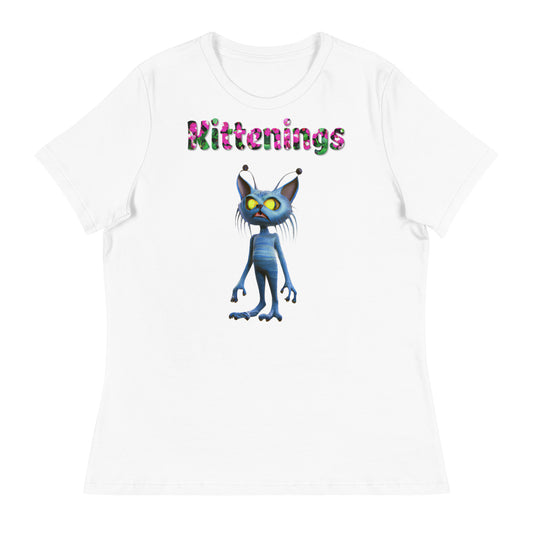 Womens WhiteT-Shirt with Alien Cat with a text "Kittenings" at $25.97 found at Personalizedpetlovergifts