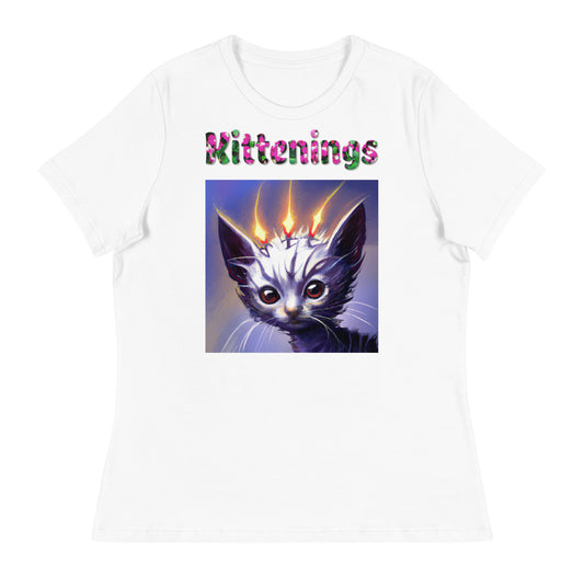 Womens WhiteT-Shirt with Alien Cat With Fiery Spikes with a text "Kittenings" at $25.97 found at Personalizedpetlovergifts