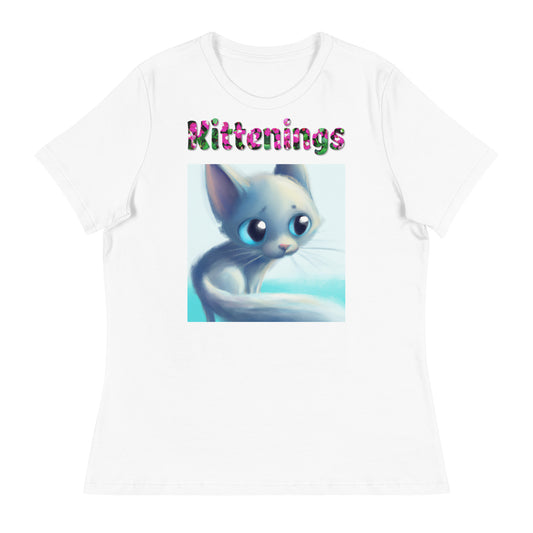 Womens WhiteT-Shirt with Adorable Nostalgic Kitten with a text "Kittenings" at $25.97 found at Personalizedpetlovergifts