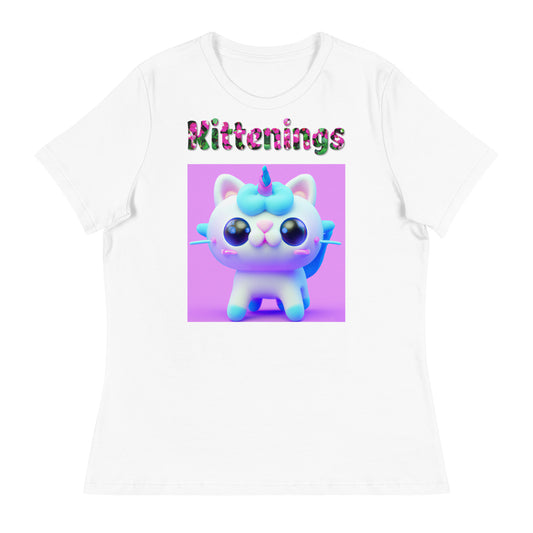 Womens WhiteT-Shirt with 3D Unicorn Kitten with a text "Kittenings" at $25.97 found at Personalizedpetlovergifts