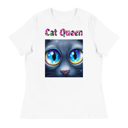 Womens WhiteT-Shirt with Cat Close Up With Blue Eyes with a text "Cat Queen" at $25.97 found at Personalizedpetlovergifts