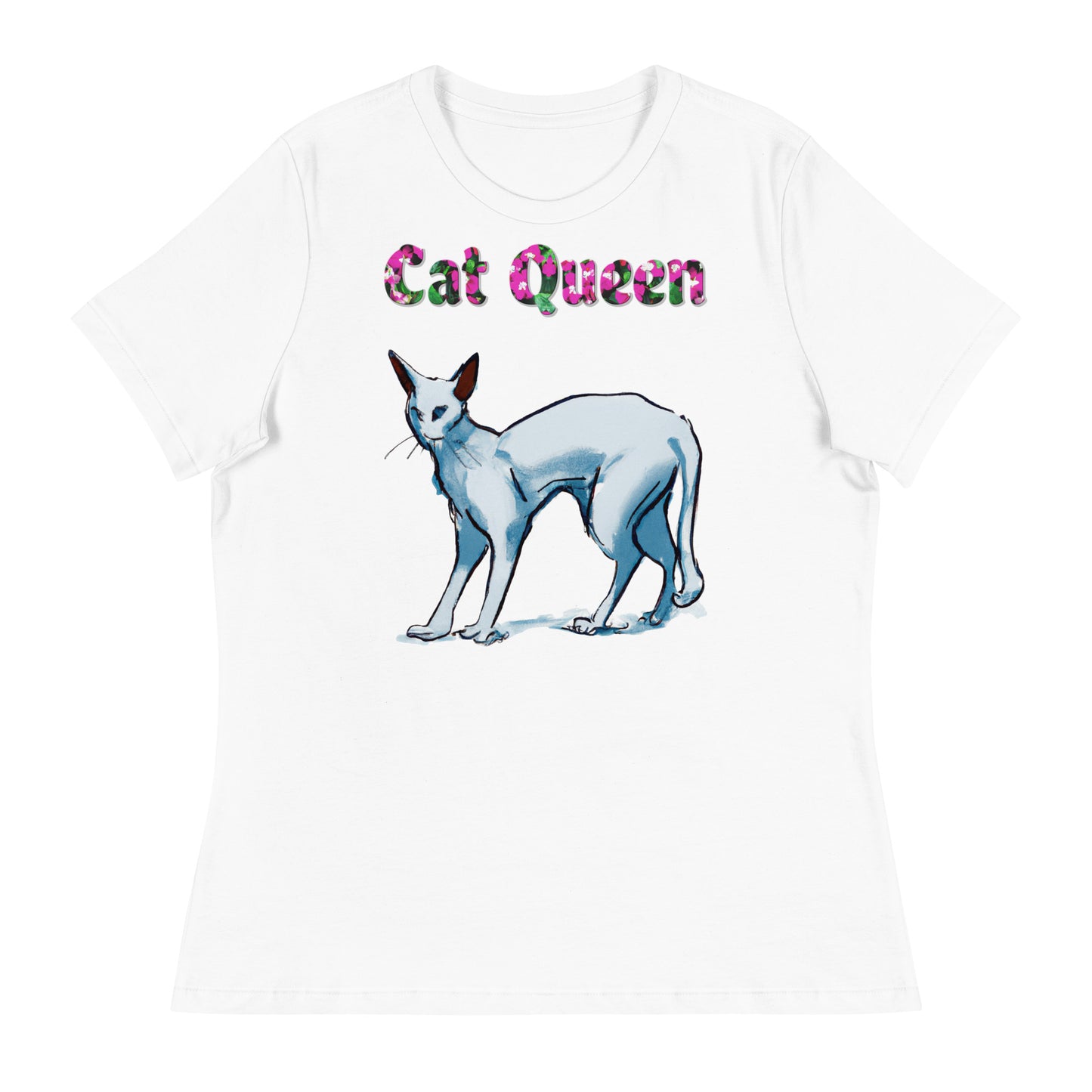 Womens WhiteT-Shirt with Cat Artistic Painting with a text "Cat Queen" at $25.97 found at Personalizedpetlovergifts