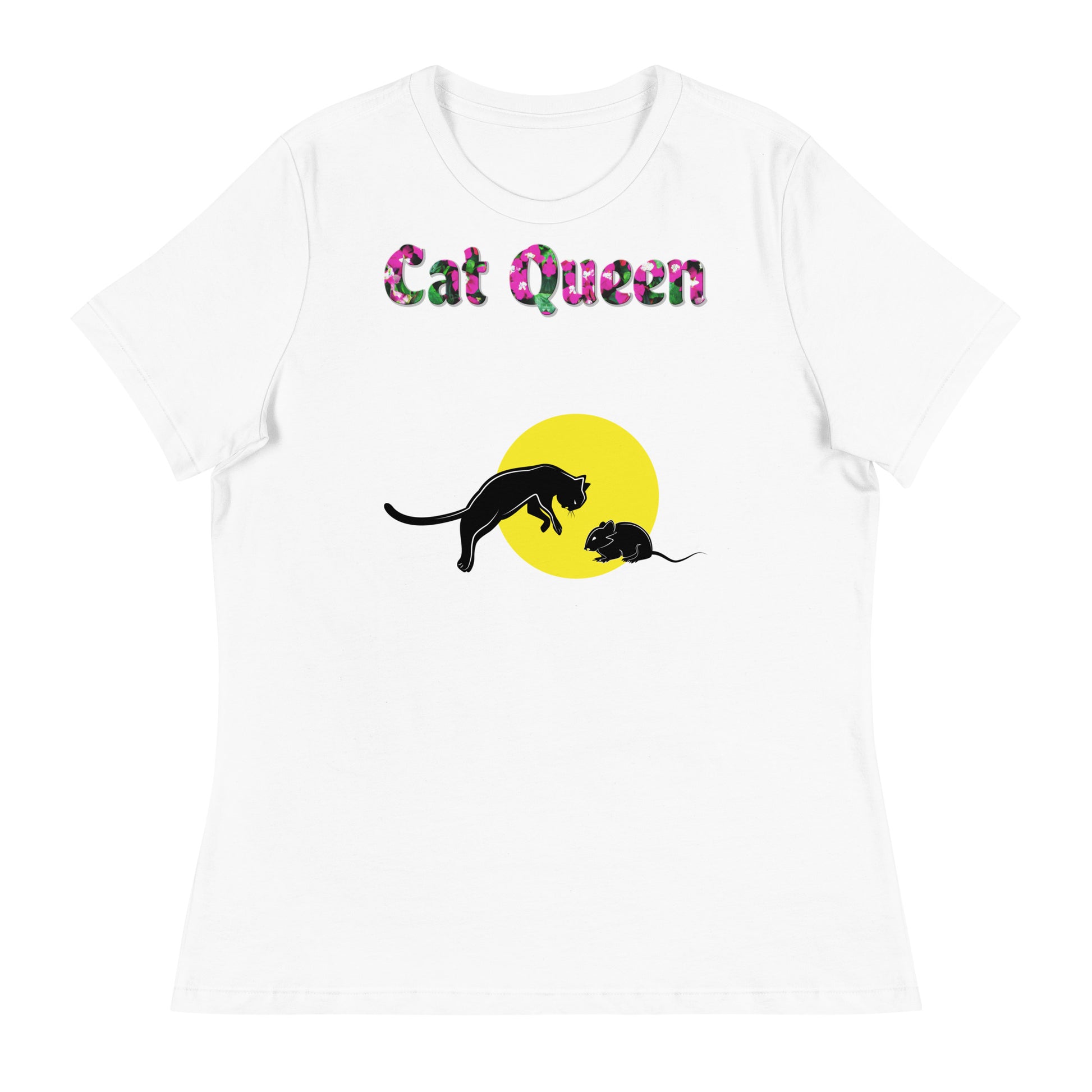 Womens WhiteT-Shirt with Cat And Mouse with a text "Cat Queen" at $25.97 found at Personalizedpetlovergifts