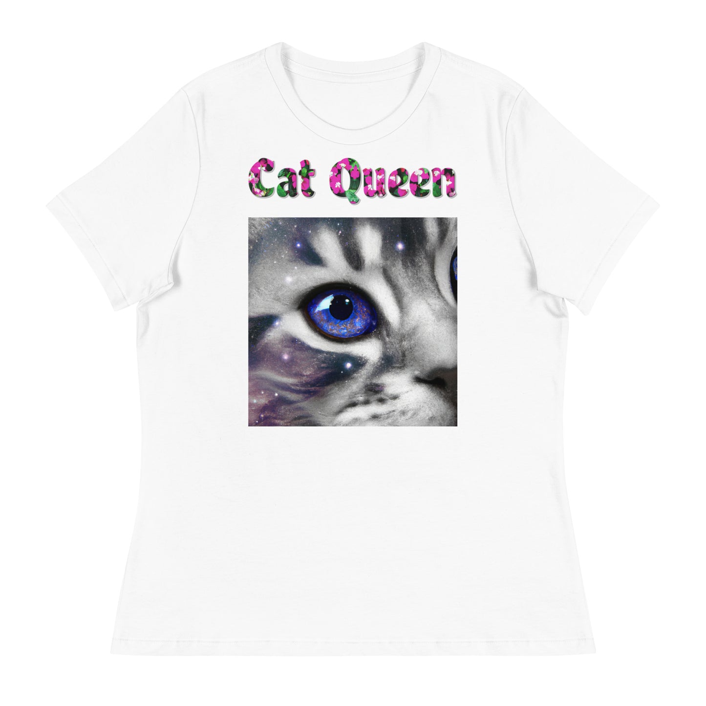 Womens WhiteT-Shirt with Blue Galaxy Eyed Cat with a text "Cat Queen" at $25.97 found at Personalizedpetlovergifts