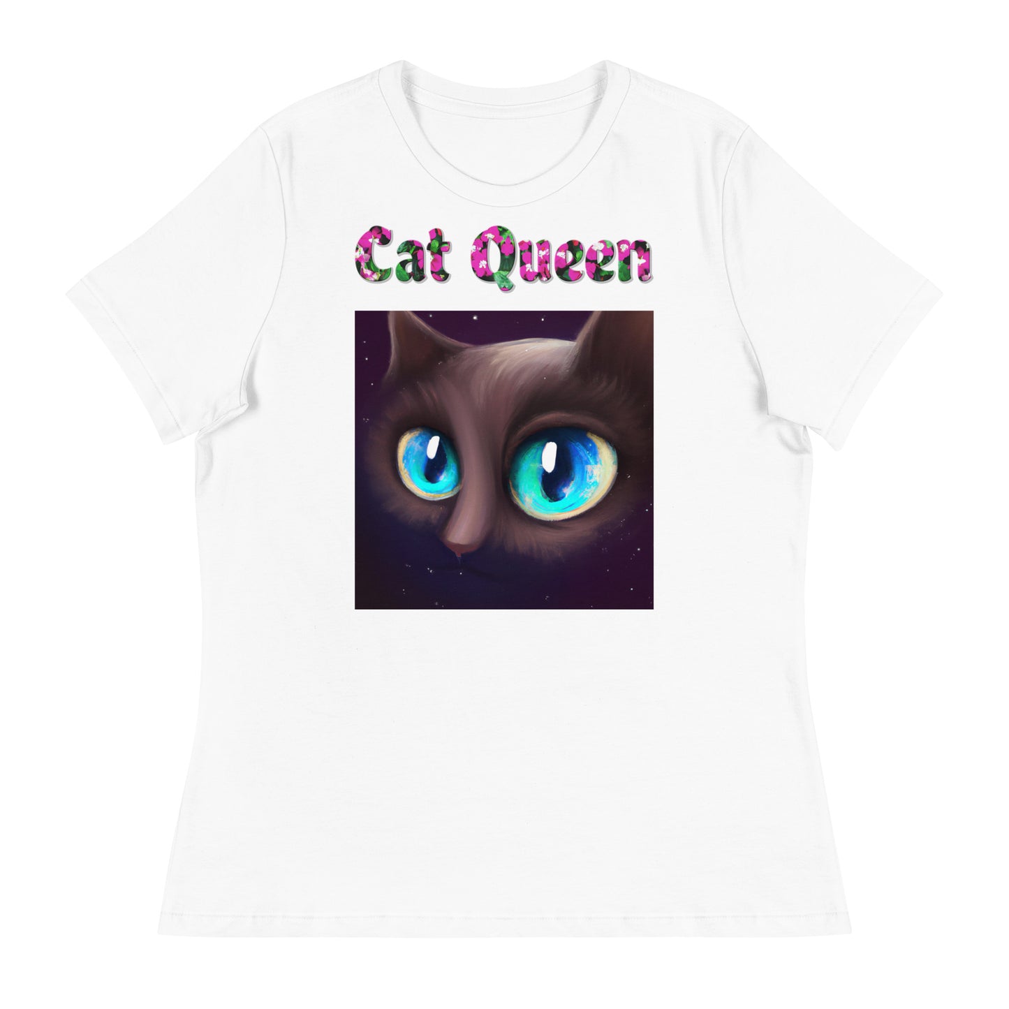 Womens WhiteT-Shirt with Blue Eyed Cat Portrait with a text "Cat Queen" at $25.97 found at Personalizedpetlovergifts