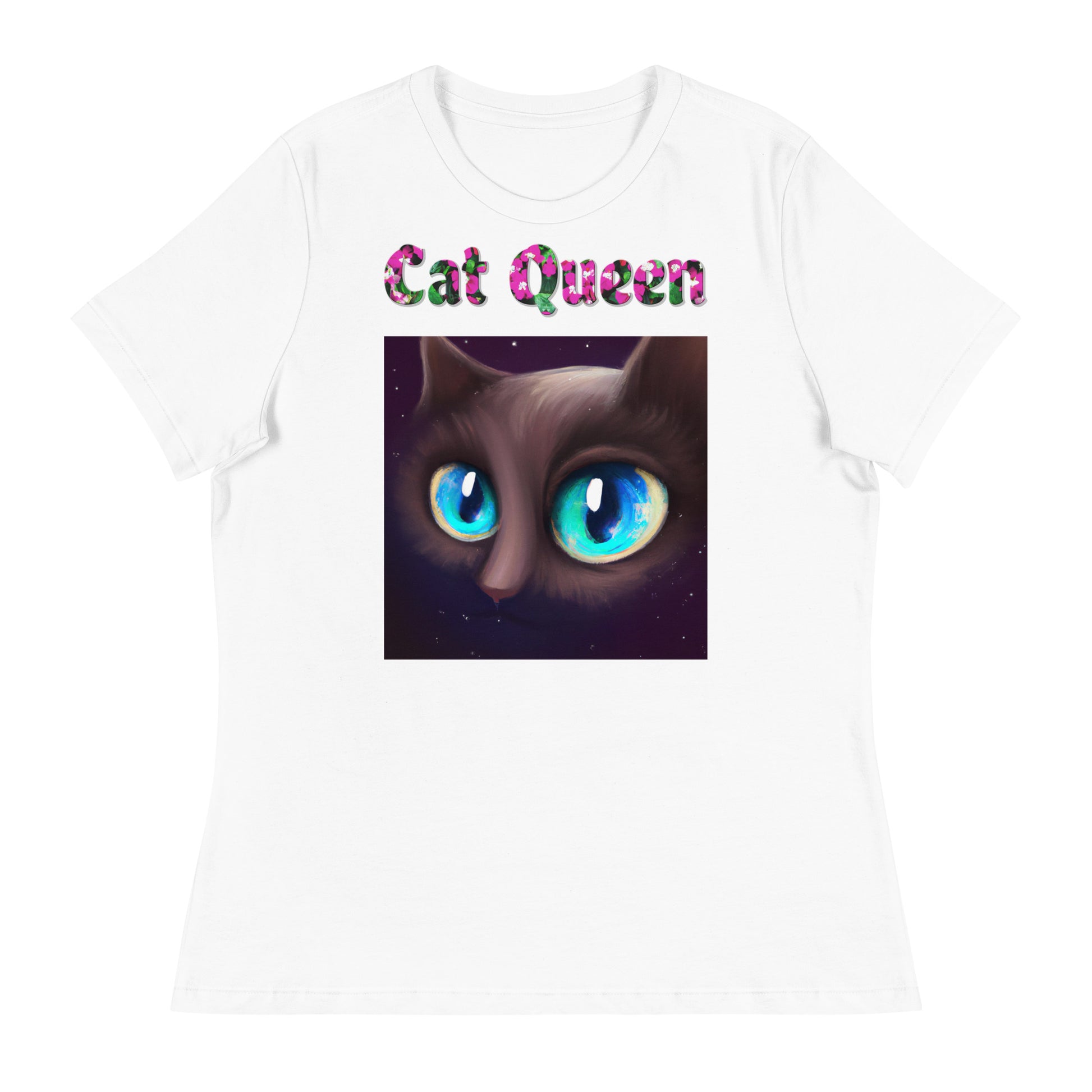 Womens WhiteT-Shirt with Blue Eyed Cat Portrait with a text "Cat Queen" at $25.97 found at Personalizedpetlovergifts