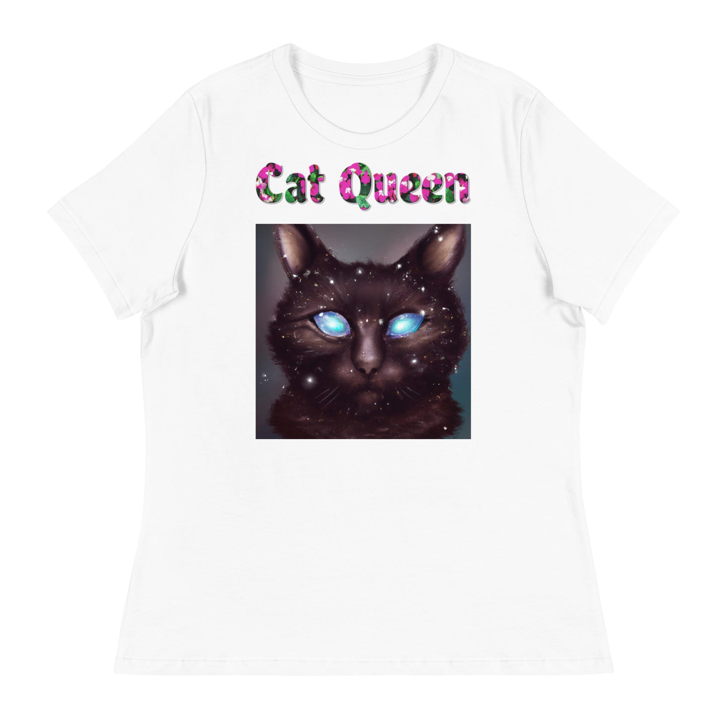 Womens WhiteT-Shirt with Blue Eyed Galaxy Cat with a text "Cat Queen" at $25.97 found at Personalizedpetlovergifts