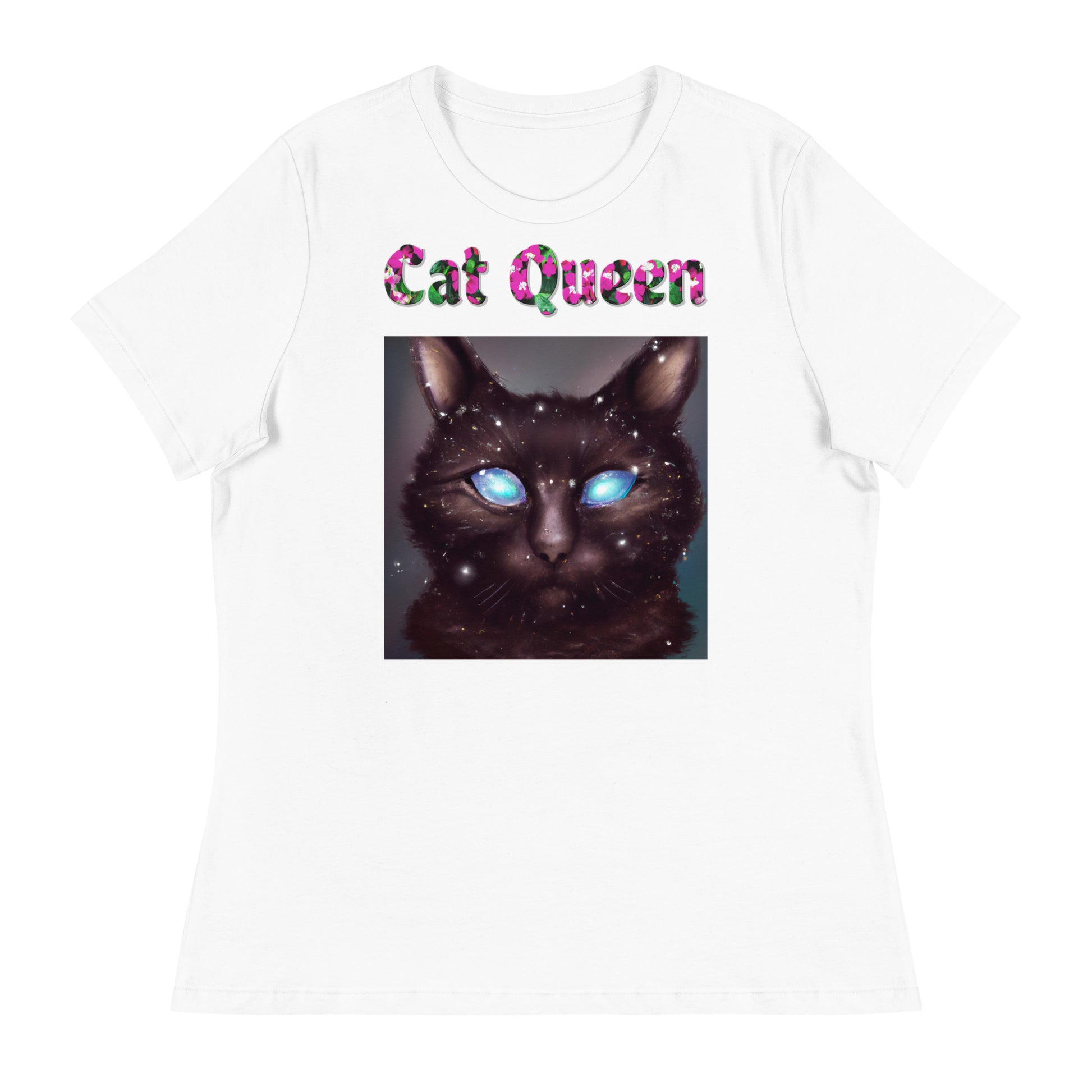 Womens WhiteT-Shirt with Blue Eyed Galaxy Cat with a text "Cat Queen" at $25.97 found at Personalizedpetlovergifts