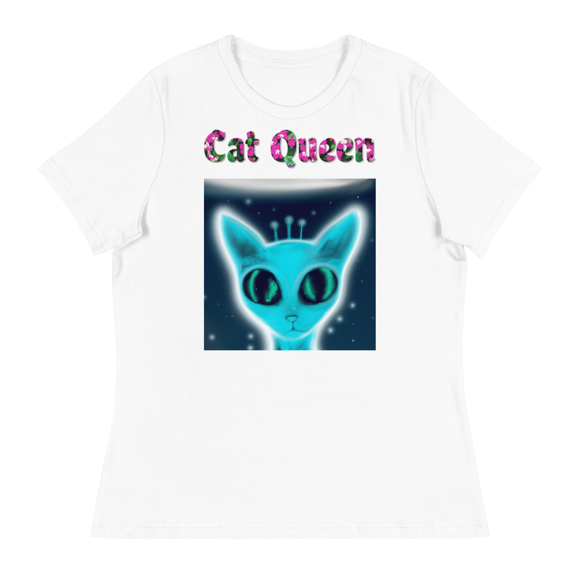 Womens WhiteT-Shirt with Blue Alien Cat with a text "Cat Queen" at $25.97 found at Personalizedpetlovergifts