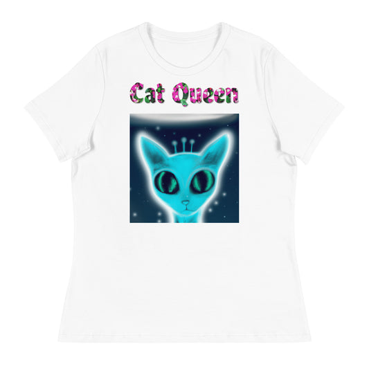 Womens WhiteT-Shirt with Blue Alien Cat with a text "Cat Queen" at $25.97 found at Personalizedpetlovergifts