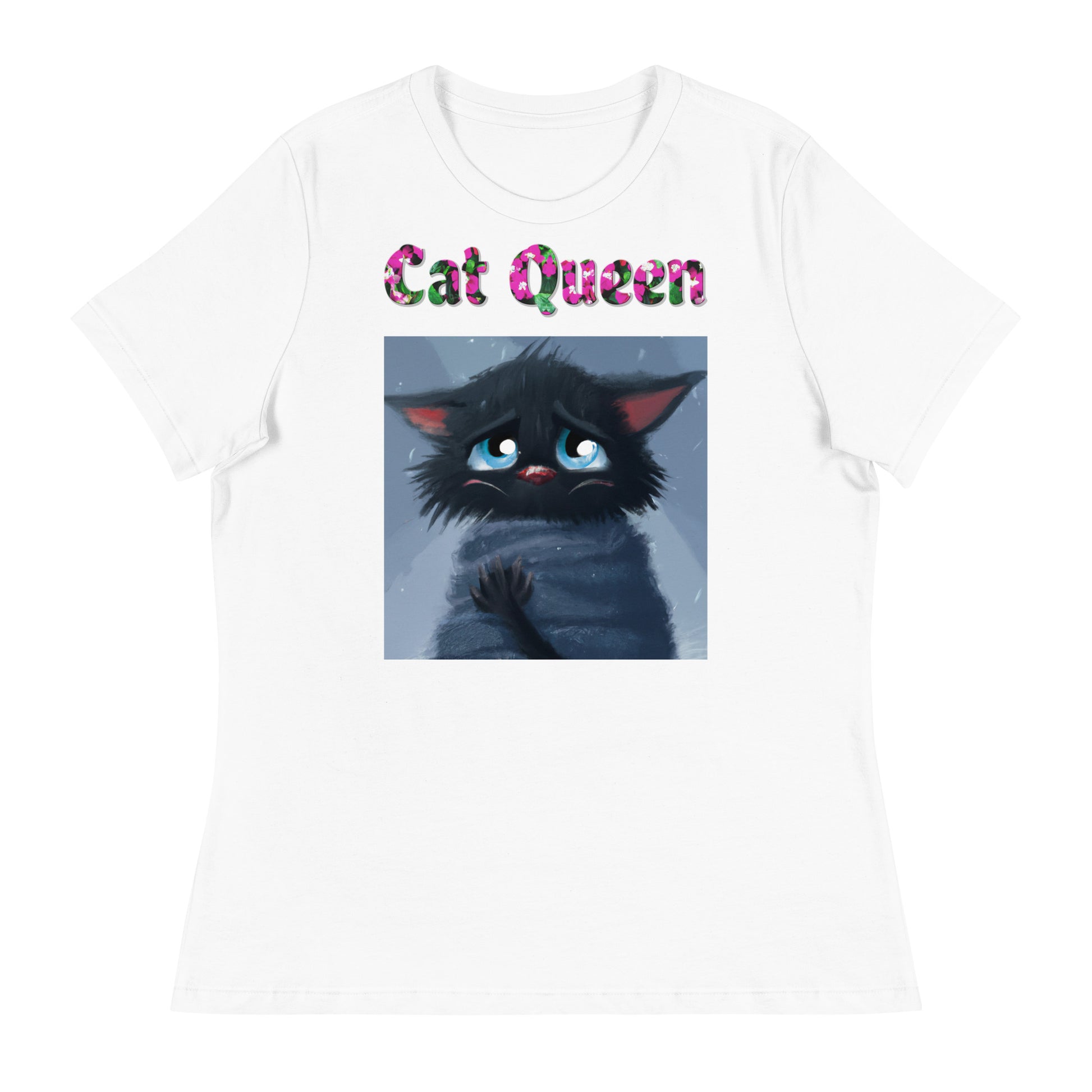 Womens WhiteT-Shirt with Black Kitten Feeling Cold with a text "Cat Queen" at $25.97 found at Personalizedpetlovergifts