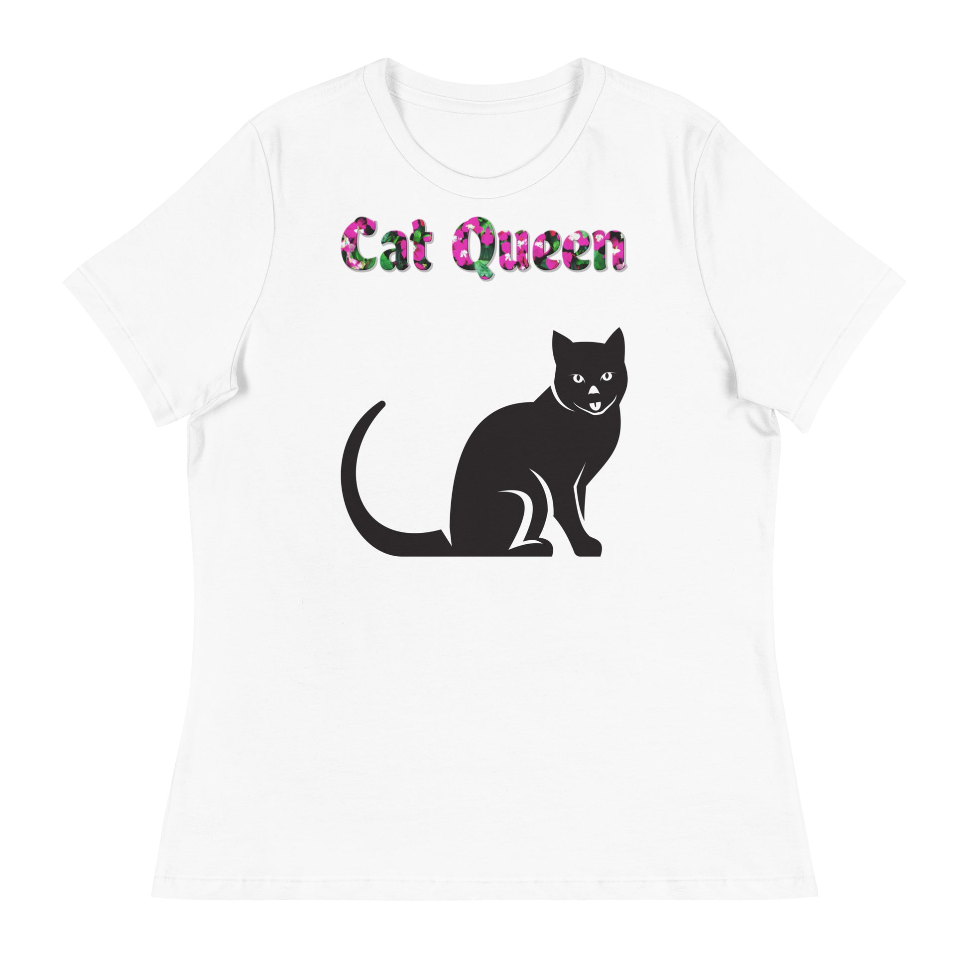 Womens WhiteT-Shirt with Black Cat Sitting with a text "Cat Queen" at $25.97 found at Personalizedpetlovergifts