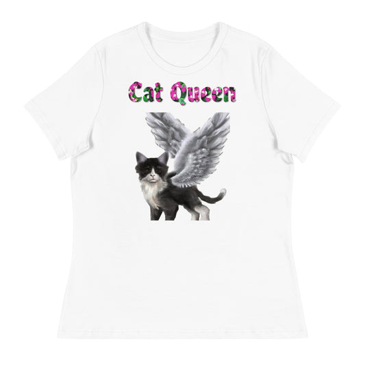 Womens WhiteT-Shirt with Black And White Cat With Angel Wings with a text "Cat Queen" at $25.97 found at Personalizedpetlovergifts