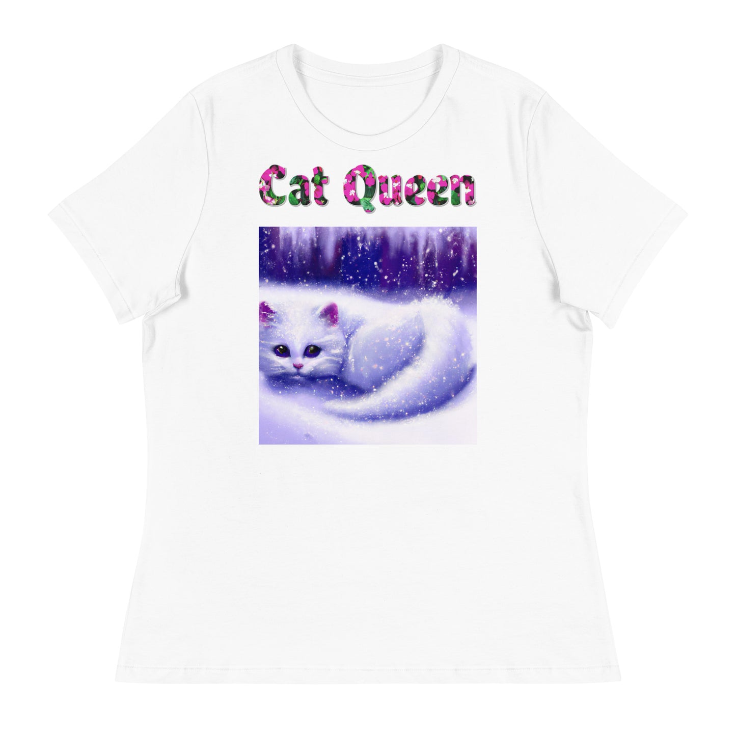 Womens WhiteT-Shirt with Beautiful White Kitten In The Snow with a text "Cat Queen" at $25.97 found at Personalizedpetlovergifts