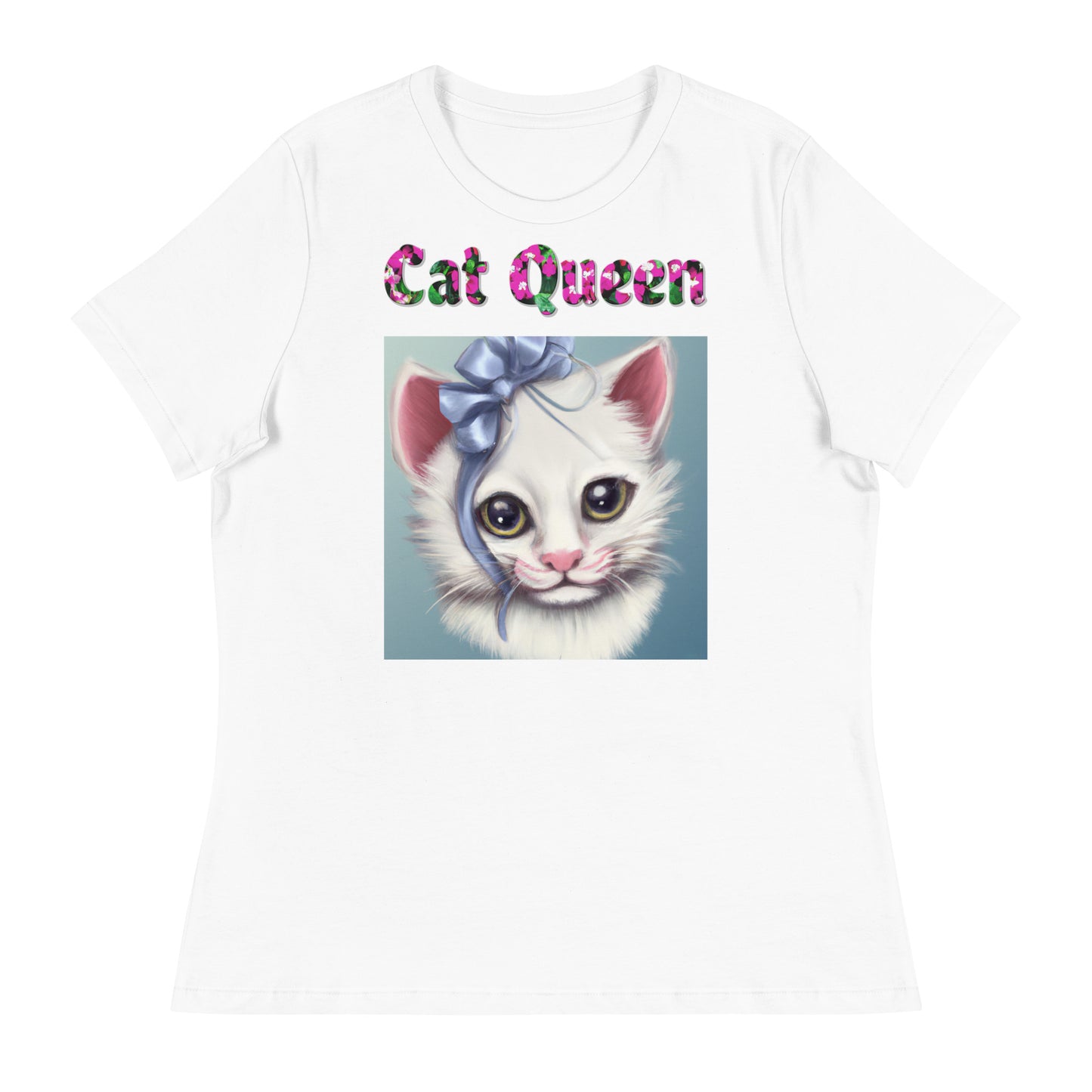 Womens WhiteT-Shirt with Beautiful Kitten With Blue bow with a text "Cat Queen" at $25.97 found at Personalizedpetlovergifts