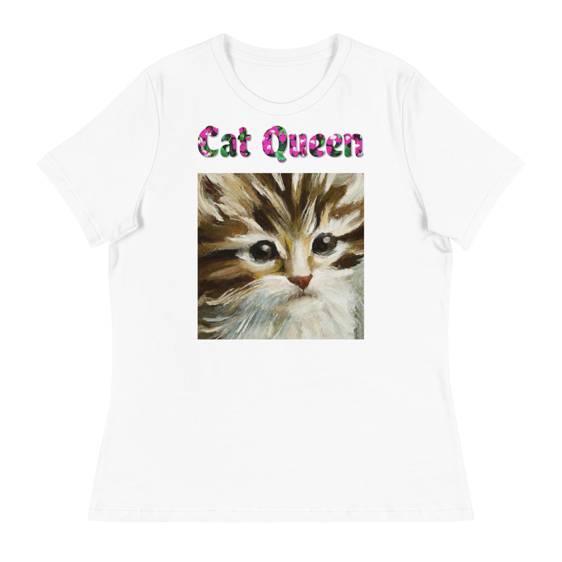 Womens WhiteT-Shirt with Beautiful Kitten Oil Painting with a text "Cat Queen" at $25.97 found at Personalizedpetlovergifts