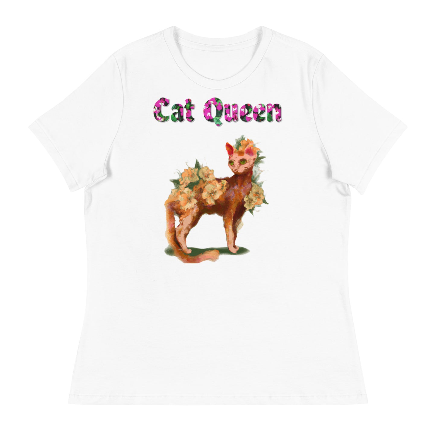 Womens WhiteT-Shirt with Beautiful Ginger Floral Cat with a text "Cat Queen" at $25.97 found at Personalizedpetlovergifts