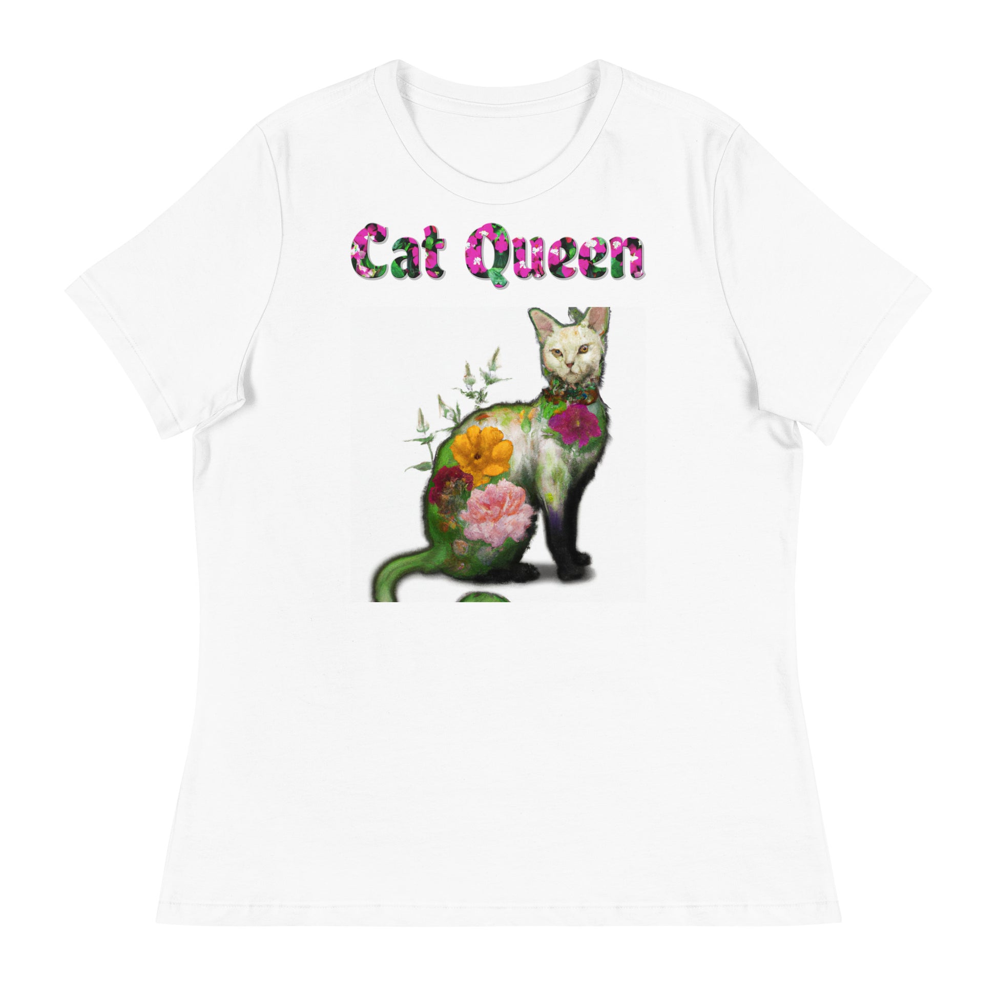 Womens WhiteT-Shirt with Beautiful Floral Cat with a text "Cat Queen" at $25.97 found at Personalizedpetlovergifts