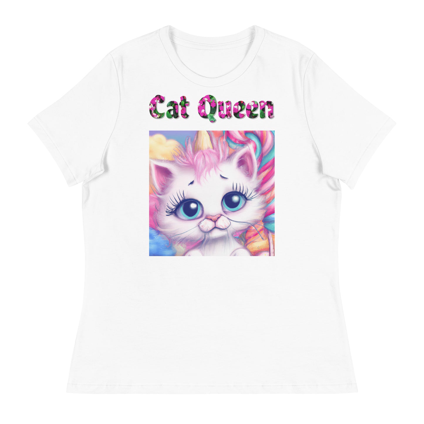 Womens WhiteT-Shirt with Beautiful Cotton Candy Unicorn Kitten with a text "Cat Queen" at $25.97 found at Personalizedpetlovergifts