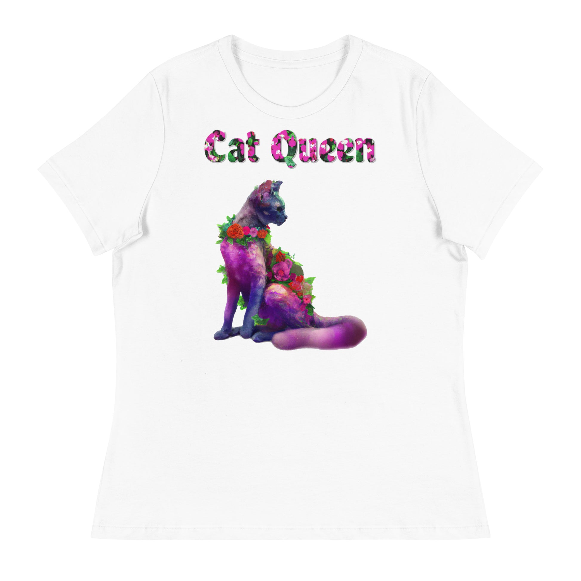 Womens WhiteT-Shirt with Beautiful Cat With Flowers with a text "Cat Queen" at $25.97 found at Personalizedpetlovergifts