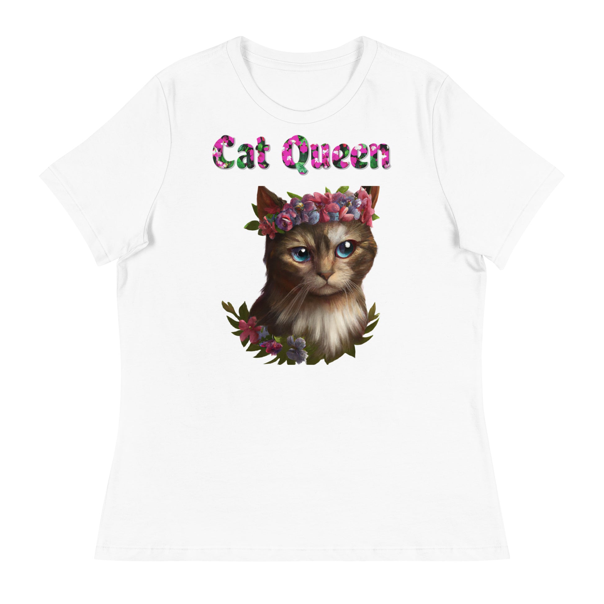 Womens WhiteT-Shirt with Beautiful Cat Portrait With Flowers with a text "Cat Queen" at $25.97 found at Personalizedpetlovergifts