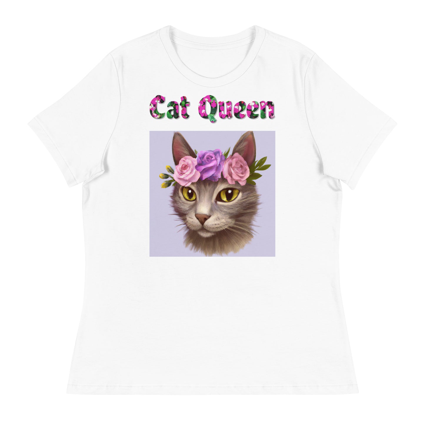 Womens WhiteT-Shirt with Beautiful Cat Portrait With Floral Headpiece And Roses with a text "Cat Queen" at $25.97 found at Personalizedpetlovergifts