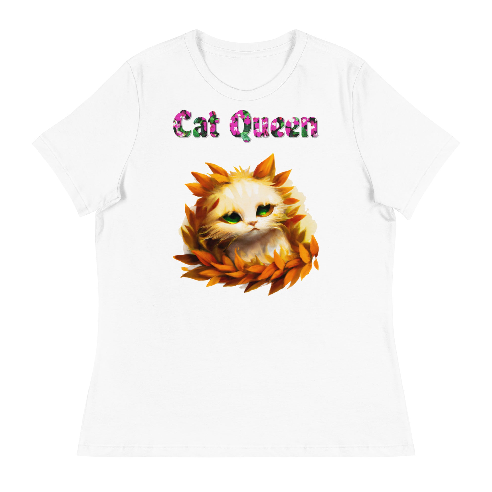 Womens WhiteT-Shirt with Beautiful Cat In Autumn Leaves with a text "Cat Queen" at $25.97 found at Personalizedpetlovergifts