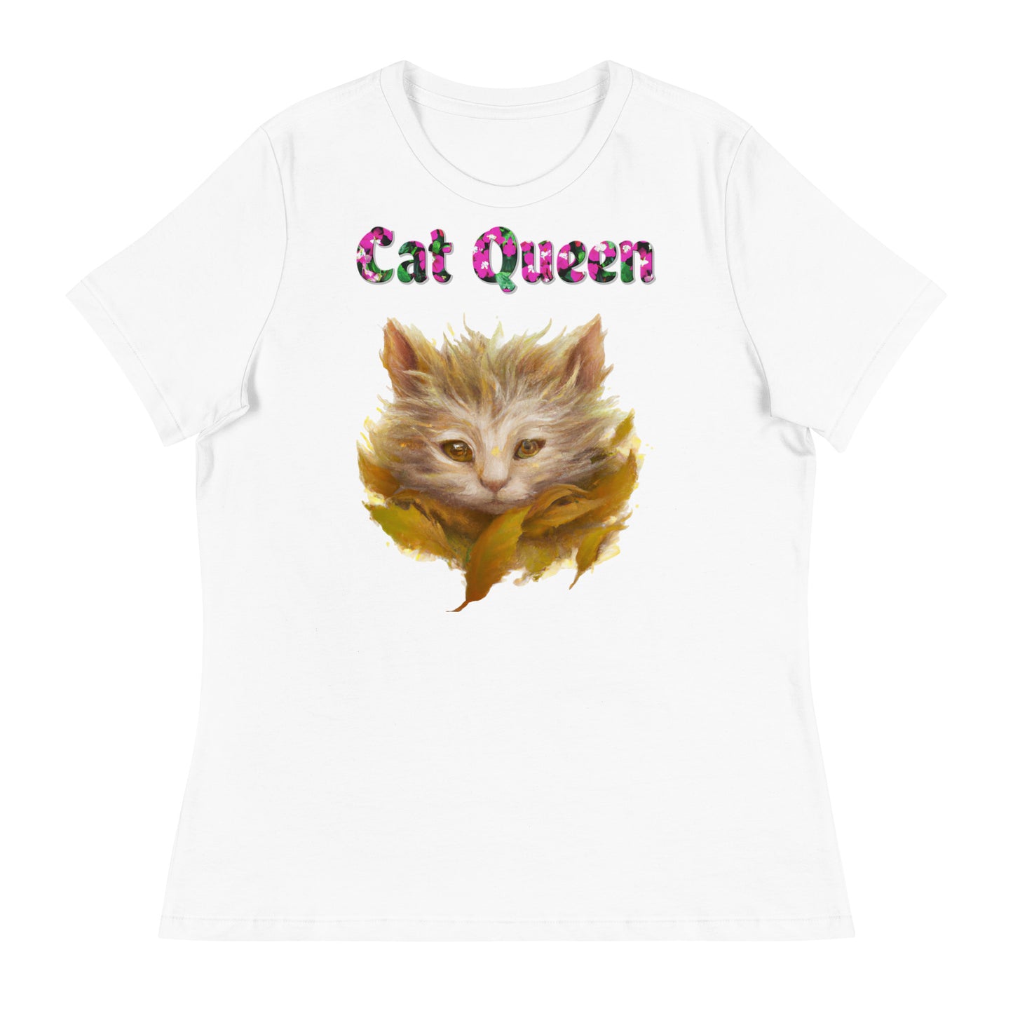 Womens WhiteT-Shirt with Autumn Cat with a text "Cat Queen" at $25.97 found at Personalizedpetlovergifts