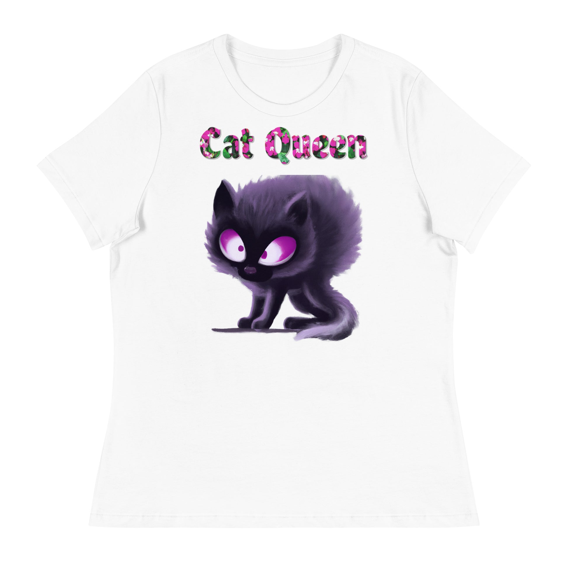 Womens WhiteT-Shirt with Angry Purple Kitten with a text "Cat Queen" at $25.97 found at Personalizedpetlovergifts