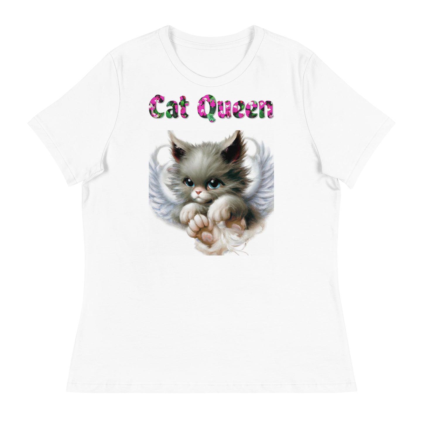 Womens WhiteT-Shirt with Angel Kitten with a text "Cat Queen" at $25.97 found at Personalizedpetlovergifts