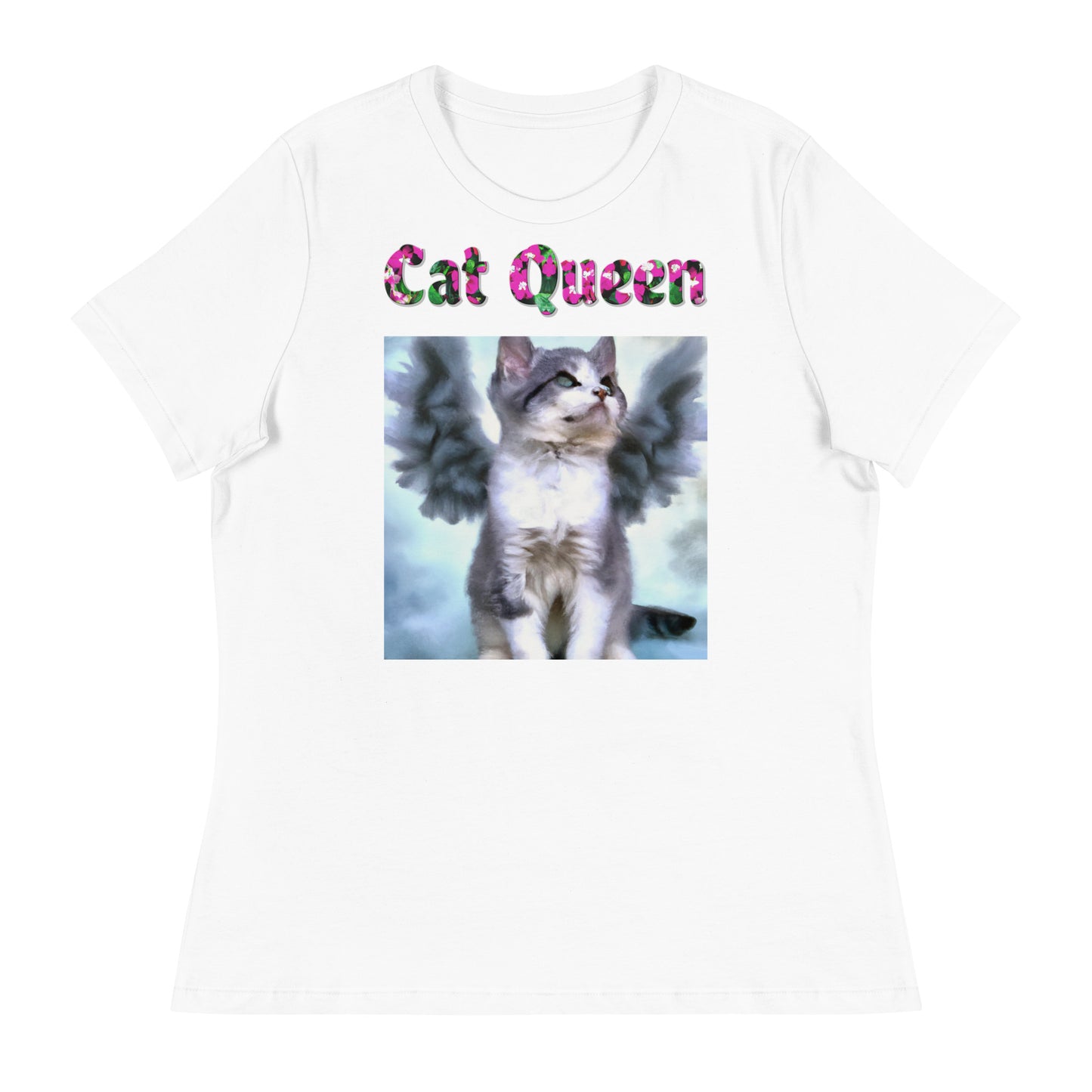 Womens WhiteT-Shirt with Angel Kitten With Fluffy Wings with a text "Cat Queen" at $25.97 found at Personalizedpetlovergifts