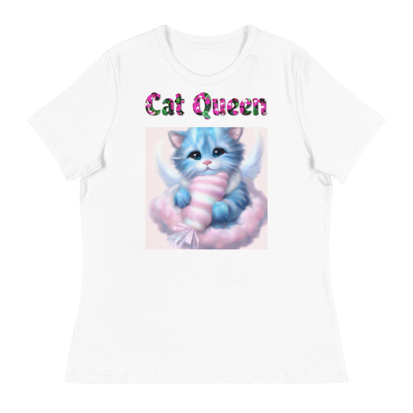 Womens WhiteT-Shirt with Angel Kitten On a Fluffy Cloud with a text "Cat Queen" at $25.97 found at Personalizedpetlovergifts