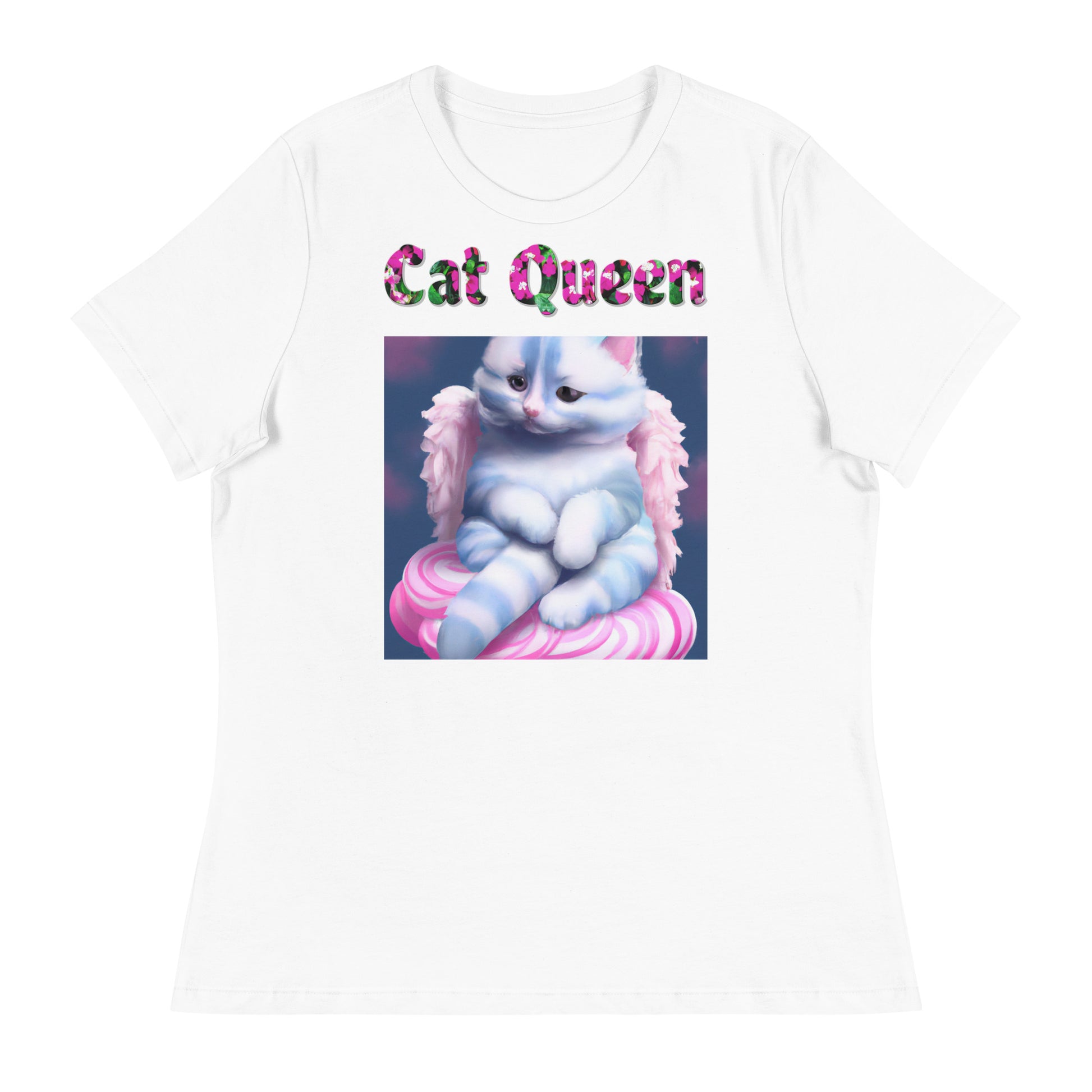 Womens WhiteT-Shirt with Angel Cat On a Cloud with a text "Cat Queen" at $25.97 found at Personalizedpetlovergifts